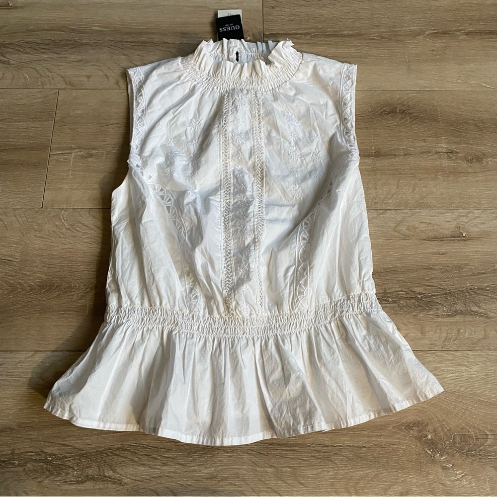NWT Guess top Kora embroidered lace mock neck peplum style sleeveless blouse